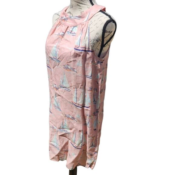 ST.‎ TROPEZ Coastal Boat Print halter neck dress 100% linen blush peach Small - Picture 2 of 6